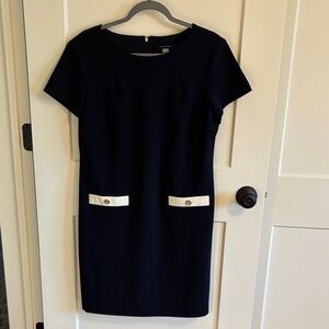 Tommy Hilfiger Navy Midi Sheath Dress with White Pocket Trim